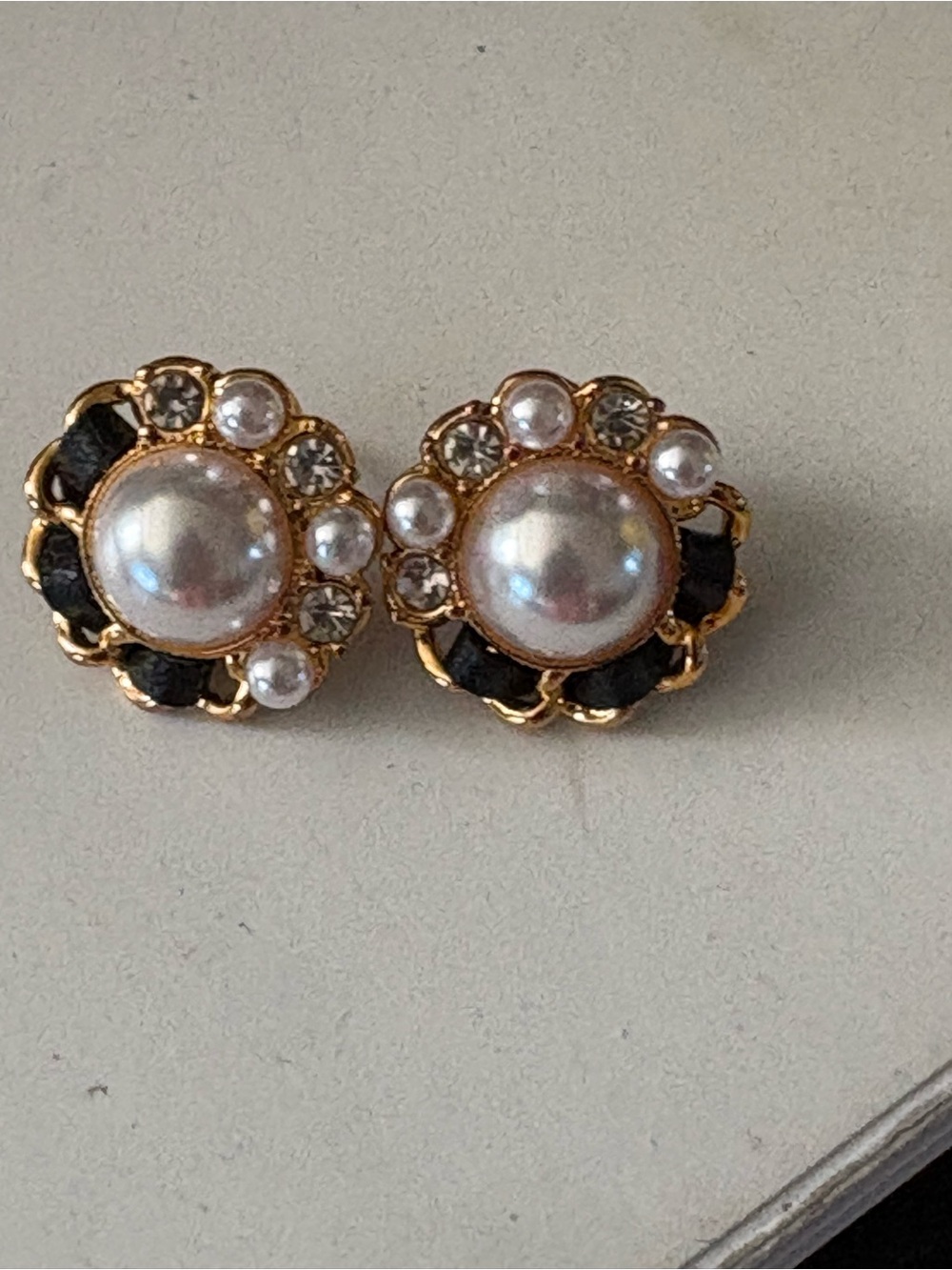 Vintage Celine Pearl & Crystal Cluster Earrings - Gold Tone